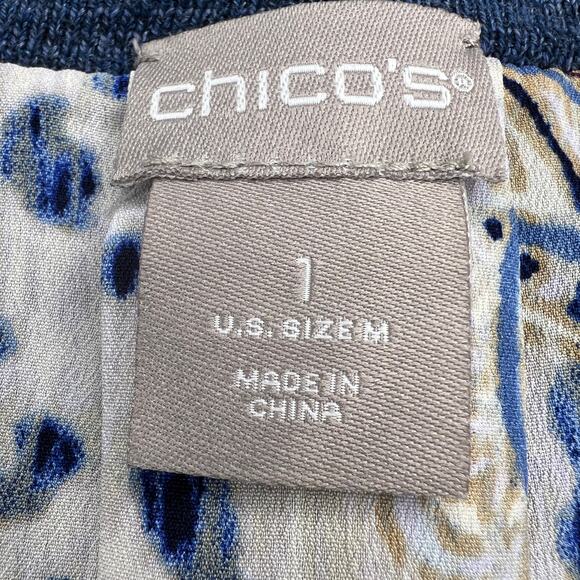 Chico's Heathered Blue Long Cardigan Leopard & Paisley Trim Chico's Size 1 (M/8) - Picture 5 of 14